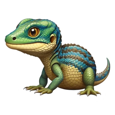 cinematic-realistic-cute-monitor-lizard-portrait-emoji,-head-tilted-playfully-and-inquisitively,-featuring-a-compact,-agile-body-with-finely-detailed,-glossy-scales-in-earthy-olive-hues-and-a-distinct,-alert-face-with-bright,-curious-eyes, blue , brown spotted and green multi coloured  scales sticker