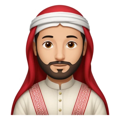 detailed iPhone-style emoji of a Saudi man resembling Crown Prince Mohammed bin Salman, soft round cartoon face, short beard, gentle brown eyes, calm confident smile, wearing traditional white thobe, red-and-white shemagh with black agal, both hands gently visible sticker