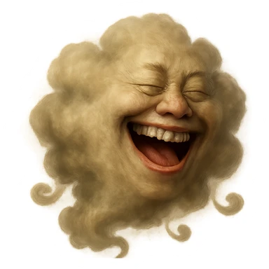 Make this green fart cloud look more realistic with natural gas texture, subtle color gradients, and a believable laughing face. Keep no background. sticker