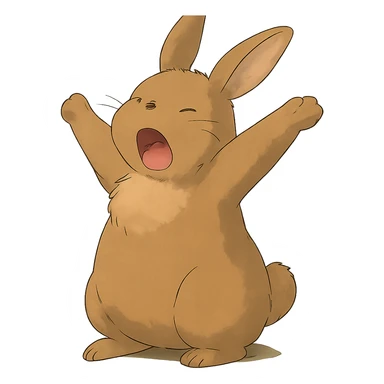 brown bunny stretching arms while yawning, soft ghibli style sticker