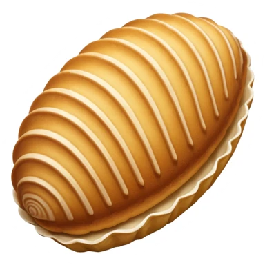 A madeleine pastry. Oval shaped with four to five vertical lines going in the same direction. Scalloped seashell shape. Light golden brown. Scalloped edge. Cookie. Flat. sticker