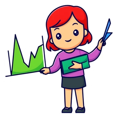 Girl holding chart with rising green graph line in right hand and holding another chart with falling red graph line in left hand sticker