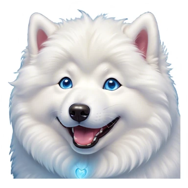 Cinematic Comical Samoyed Portrait Emoji, Head tilted dramatically with an exaggeratedly amused expression, featuring a striking, fluffy white Fur with a radiant sheen, wide, expressive blue eyes filled with playful disbelief, Simplified yet hilariously expressive features, highly detailed, glowing with a slightly sassy glow, high shine, dramatic yet playful, stylized with an air of cheeky mischief, bright and endearing, soft glowing outline, capturing the essence of a spirited and over-the-top companion, so meme-worthy it feels like it could side-eye its way into internet fame instantly! sticker
