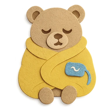 fluffy electric blanket bear wrapped around itself, sleepy face, soft beige, full-body sticker