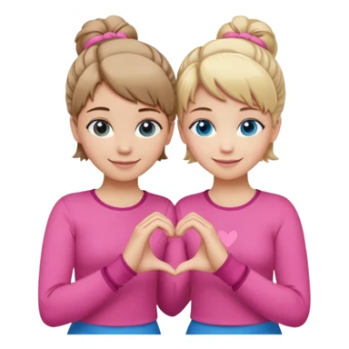 Two best friends making a heart shape with their hands together. One of them has blond hair which is shorter and the other has brown hair tied up. They are both wearing pink outfits. They both have blue eyes  sticker