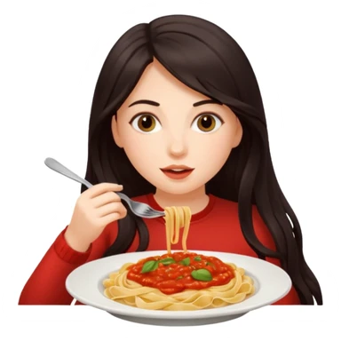 chica joven con piel clara y pelo oscuro largo comiendo un plato de pasta sticker