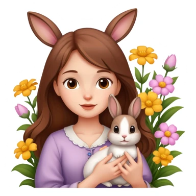 A beautiful brown-haired girl holding a little rabbit in the flowers sticker