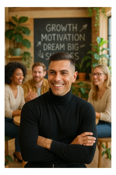 A confident man sitting in a cozy, modern coworking space, surrounded by positive, driven people engaged in creative conversation. He listens, learns, and occasionally smiles, visibly elevated by their presence. Behind him, a chalkboard or whiteboard with empowering words and ideas. The environment is filled with natural light, plants, and soft wooden textures. The atmosphere suggests emotional growth, support, and personal development. sticker