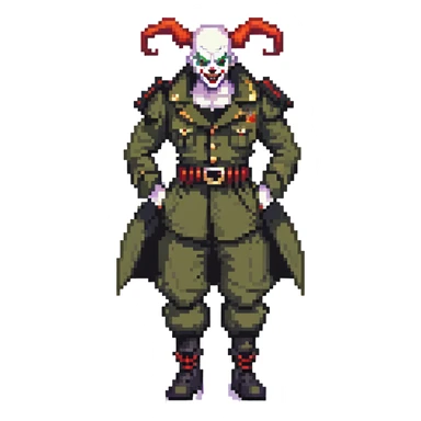 evil clown soldier, bald, small black satan horns on forehead, fangs, pointed ears, black and military green clothes with bellbottom pants, realistically proportioned, less bulky, full body, fighting stance sticker
