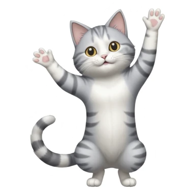 grey and white cat doing a big long stretch reaching up into the airwith arms together sticker