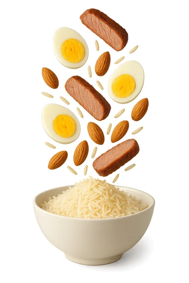 bowl bianca in cui cadono verticalmente fettine di carne, uova sode, mandorle e riso basmati sticker