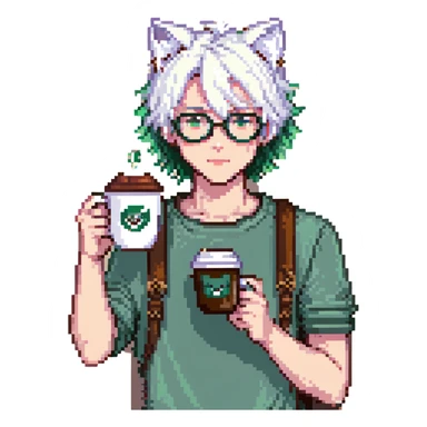 An anime guy with white hair, white cat ears, green eyes, and glasses, holding a coffee cup in his hand and waving sticker
