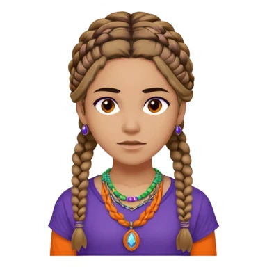 Black Annabeth Chase her head full of braids all over brow hair and a orange shirt that says CHB and with a purple orange green and blue and white beaded necklace only one necklace no earrings sticker