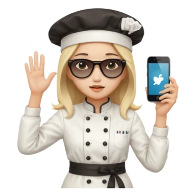 ["A sad woman with light skin, straight hair, wearing a chef hat and sunglasses, dressed in K-pop fashion, is dancing while holding a phone."] sticker