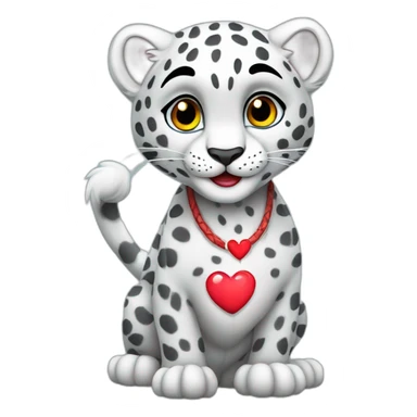 funny snow leopard in full growth shows a heart sticker