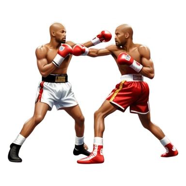 An iconic boxing match between Roy Jones Jr. and Bernard Hopkins in the ring. Jones is delivering a powerful right hook, while Hopkins counters with a defensive block. The background shows a packed arena, with bright lights illuminating the intense action. Transparent background  sticker