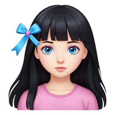 girl with long black hair and bangs blue eyes and hairclips in pink sticker
