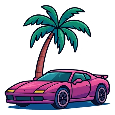 flat toon style GTA 6 inspired sports car and palm tree, no text sticker