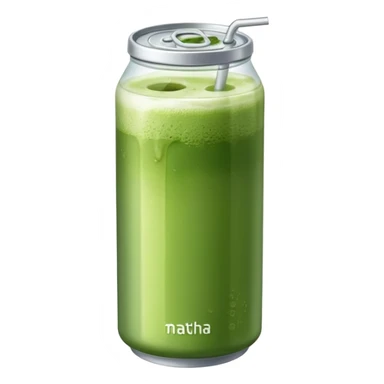 Create an emoji-style illustration of a tall, transparent can-shaped drink filled with iced matcha. The top is sealed with a silver metal pull-tab lid. The drink has a green matcha layer on top that gradually fades into a milky white layer at the bottom. The can is sleek and minimalist. sticker