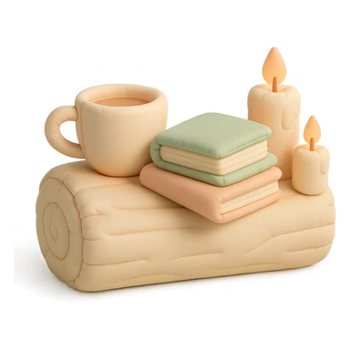 a log with tea, books, and candles, soft forest journaling mood, soft pastel colors, cushion style sticker