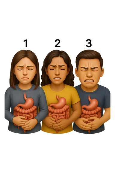 emoji stile iphone di 3 persone, due donne e un uomo, con intestino realistico e mal di pancia, sulle donne ci sono i numeri 1, 2 e sull'uomo il 3, iperrealistico 4k sticker