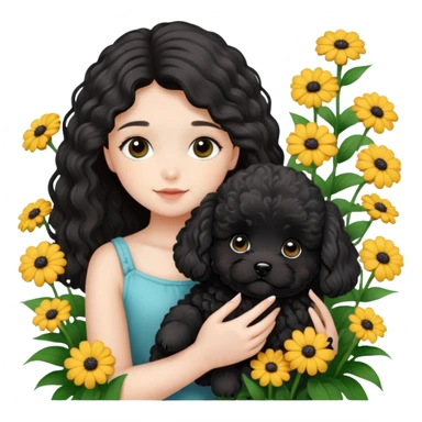 A long-haired girl holding a black maltipoo puppy in the flowers sticker