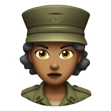 a female drill sergeant showing full torso wearing a classic sergeant hat and a camouflage army shirt. The character should have an angry intense expression.  sticker
