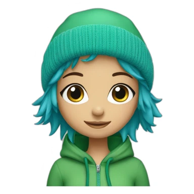 blue haired green eyed girl wearing bobble hat and green zip hoodie sticker