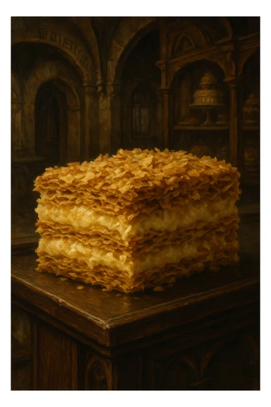 Сгенерируй мне кусочек пироженного наполеон, крупным планом, оно находиться в винтажной французкой кондитерской на витрине, вайб средневековья. в стиле реалистичной живописи sticker