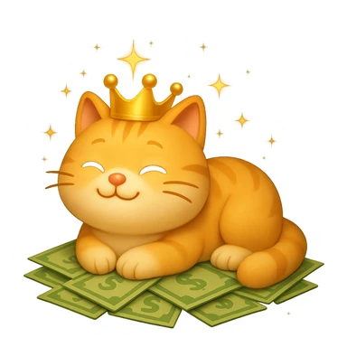 A very cute cat with a crown, lying on greenish light green money, with glowing sparkles and shiny dust around for extra decoration, in 3D emoji style. Transparent PNG background. sticker