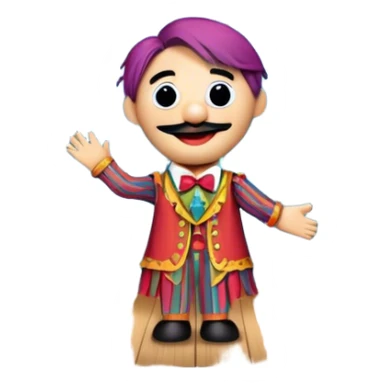 Icon for Puppet Theater: a puppet on strings with theatrical curtains in the background, along with a small stage and dramatic lighting. The icon should represent the whimsical and artistic nature of puppet performance. Transparent background. sticker