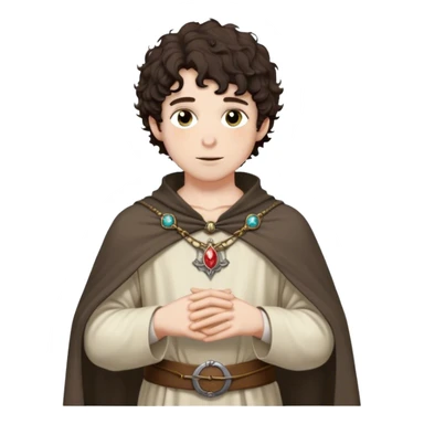 medieval spring outfit worn by a DnD themed fantasy male character. thin wool tunic with a light cloak draped over one shoulder, secured by a wooden brooch. clothes only above the waist. The clothes full waist. The character's haven't arms. character is white-skinned, dark brown hair, hazel eyes, short curly hair. sticker