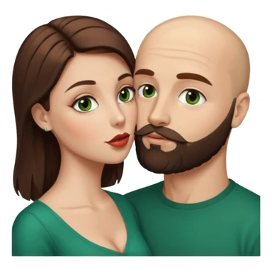 Man beard bald white dark green eyes, woman medium hair brown brown eyed latina kissing sticker
