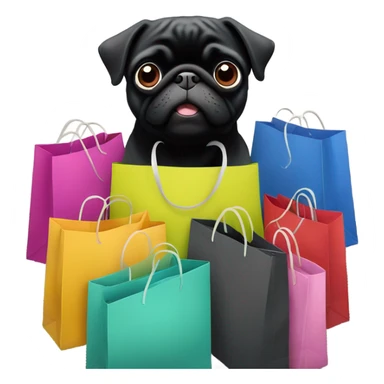 Black pug with many shopping bags sticker
