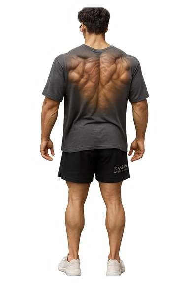 lascia questo ragazzo identico ma fallo in piedi di spalle con fasci muscolari della schiena contratti, senza macchinari, solo la sua figura, iperealistico 4k sticker