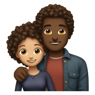 light skin woman with brown curly hair and brown skin man with curly black hair hugging sticker