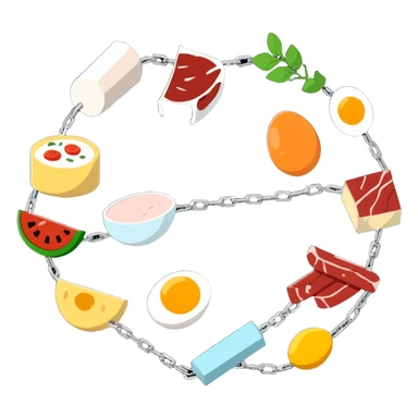Close up of vibrant protein foods (meat, egg, beans, tofu, yogurt) connected in a chain or cluster, glowing and unified, floating together in a warm light. sticker