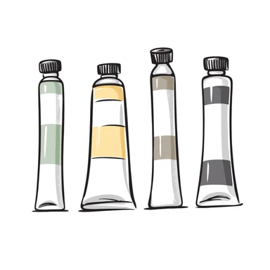 Set of artist's paint tubes with different sizes and caps. Some tubes are squeezed in the middle. Using specific pastel colors (dd9fb0, ffc6d3, a3bfc9, c4bee2, f1b091). Hand-drawn doodle style with intricate details. Transparent background. sticker