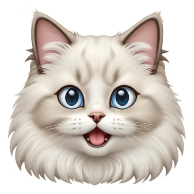 cinematic-adorable-big-eyed-fluffy-ragdoll-cat-portrait-emoji,-head-tilted-playfully-with-a-cute,-exaggerated-yawn,-white and grey fur,-simplified-yet-irresistibly-cute-features, blue eyes sticker