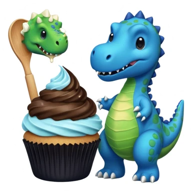 A cupcake having blue and black icing and a dinosaur as a decoration and ice cream next to it sticker