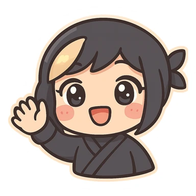 Kawaii chibi ninja girl with black short hair and a blonde streak, only head and arms, super cute, big sparkling eyes, rounder face, smaller mouth, extra soft colors, colorful chibi style, bold outlines, no mask, hand fully raised, waving, smiling, sized for Twitch emoji use. sticker