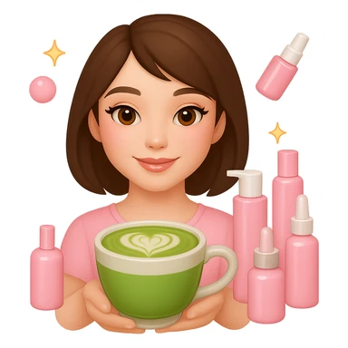 Create an Apple emoji style profile picture of a girl with short dark brown hair and brown eyes, pink soft girl aesthetic, holding a matcha latte, surrounded by pink skincare and makeup, sparkles, with a different makeup look such as glossy lips and blush. The style should mimic Apple emojis with a soft and polished look. sticker