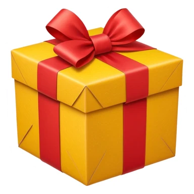 box with yellow wrapping paper and a length of red ribbon surrounding it on the bottom of the ground so you can see most of the box's cardboard sticker