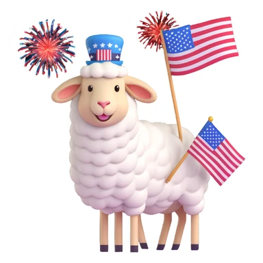 sheep emoji wearing a patriotic hat, waving an American flag, with fireworks sticker