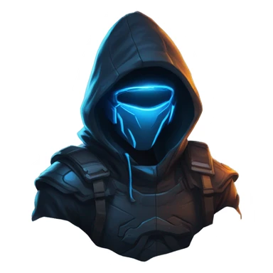 Side view developer behind his laptop with this style : Riot Games Valorant neon glowing bright blue character blue black hooded assassin themed character sticker