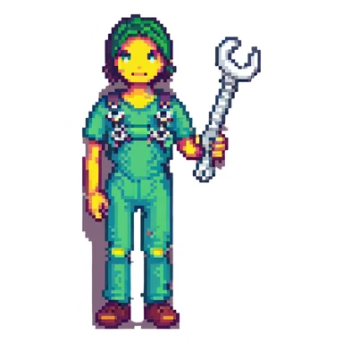 Rounded rectangle badge with pixel art person holding car wrench key, technical colorful IT design sticker