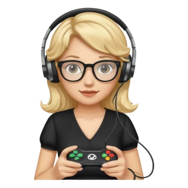 
gamer, woman with blond wavy hair, tight black dress with a white line with glasses, headphone, gamepad sticker