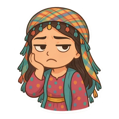 Cartoon sticker of a Kurdish woman wearing traditional Kurdish female clothing, colorful and cheerful style. The face should have a bored and frowning expression similar to the 😒 emoji. No text, suitable for WhatsApp and Instagram, with a transparent background. sticker