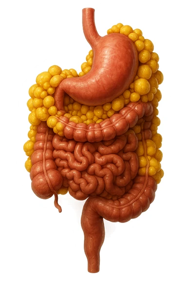 STOMACO E INTESTINO SONO VERTICALMENTE COLLEGATI E INTORNO A QUESTI ORGANI CI SONO CELLULE DI GRASSO GIALLE ATTACCATE SOPRA A GRAPPOLI, IPERREALISTICO 4K sticker