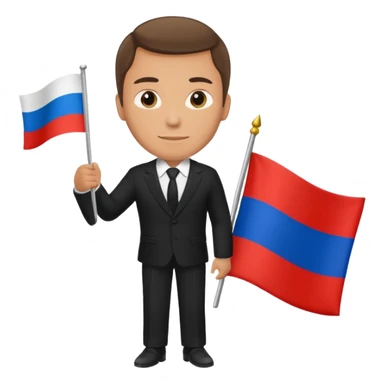 Russian man in a suit with a flag sticker